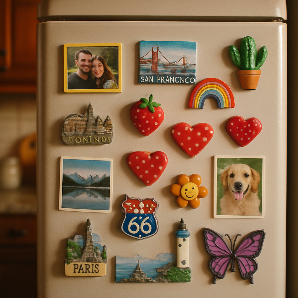A cozy kitchen fridge door covered with a variety of colorful, decorative magnets including photo magnets, souvenir magnets, and whimsical shapes. Alt: Decorative magnets for refrigerator doors adding personality and style.