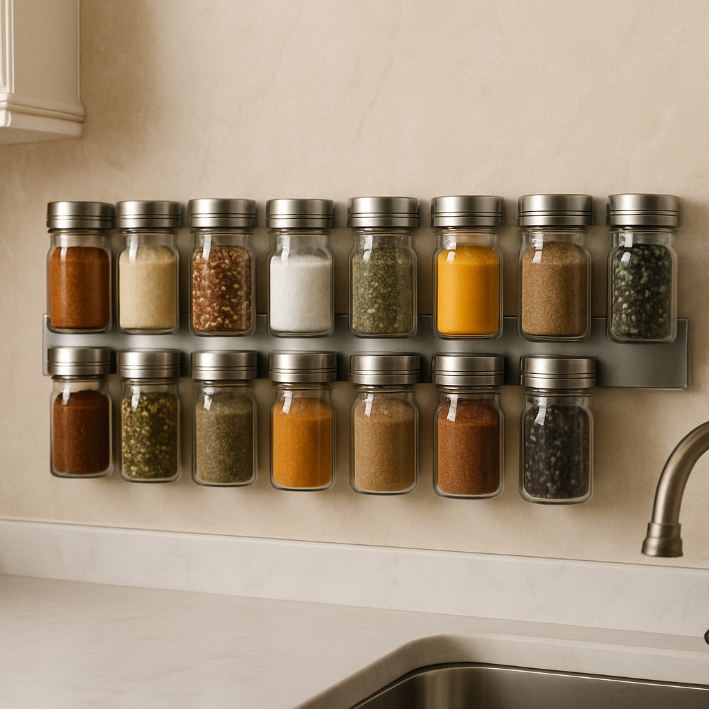 An elegant kitchen wall with magnetic spice jars neatly arranged on a stainless steel magnetic strip, showing colorful spices in clear glass jars. Alt: Magnetic spice jars neatly organized on a metal strip showcasing kitchen magnets stylish storage.