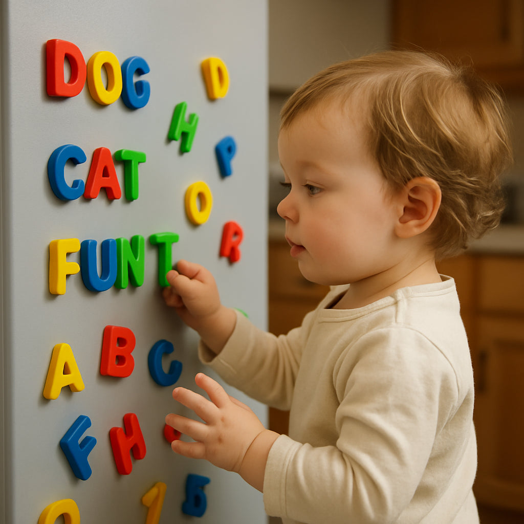 A playful scene of a toddler using colorful letter magnets on a fridge, forming simple words and exploring letters. Alt: Early childhood learning with letter magnets boosting literacy skills.