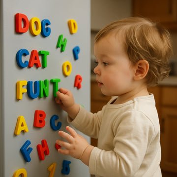 A playful scene of a toddler using colorful letter magnets on a fridge, forming simple words and exploring letters. Alt: Early childhood learning with letter magnets boosting literacy skills.