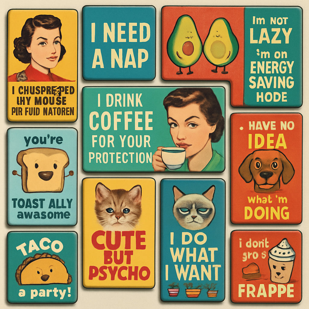 A colorful collage of classic funny fridge magnets including witty quotes, pun-filled food images, and cute animals with captions. Alt: Funny fridge magnets featuring retro puns, sarcastic sayings, and animal humor.