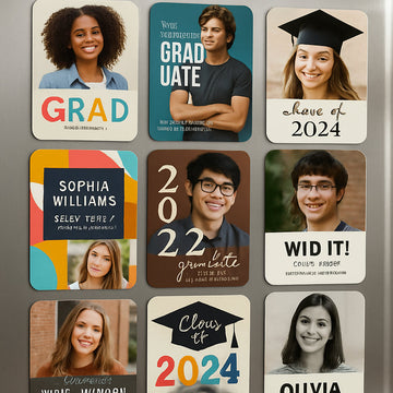 A vibrant collage of graduation announcement magnets showing different creative themes, arranged on a fridge. Alt: graduation announcement magnets creative theme ideas