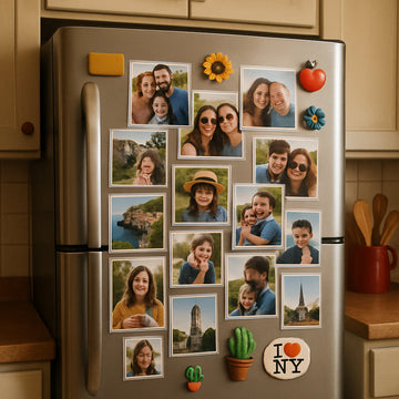 A cozy kitchen fridge with a vibrant photo collage magnet board, showing family photos, travel snapshots, and decorative magnets. Alt: Photo collage magnet board ideas for fridge magnet display