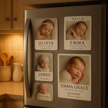 A cozy kitchen fridge covered with a stylish arrangement of personalized baby photo magnets, warm lighting, soft pastel colors. Alt: Personalized birth announcement magnets displayed on a fridge door