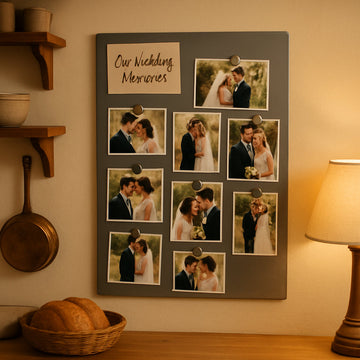 A cozy kitchen wall with a magnetic board covered in wedding photo magnets, soft lighting, and a small handwritten sign that reads “Our Wedding Memories”. Alt: wedding photo magnets guest book wall idea
