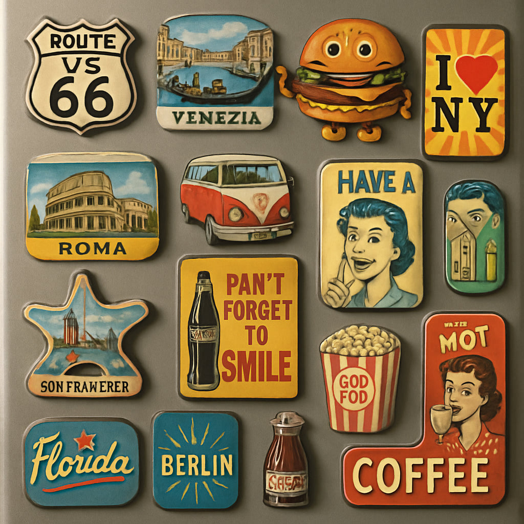 A colorful collection of vintage and retro fridge magnets arranged aesthetically on a refrigerator door, featuring classic travel souvenirs and quirky old-school designs. Alt: Interesting fridge magnets vintage and retro style on kitchen fridge door.
