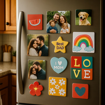 A cozy kitchen refrigerator door adorned with a diverse collection of personalised fridge magnets, including family photos, creative shapes, and colorful designs. Alt: Personalised fridge magnets showing photos and artwork decorating a kitchen fridge door