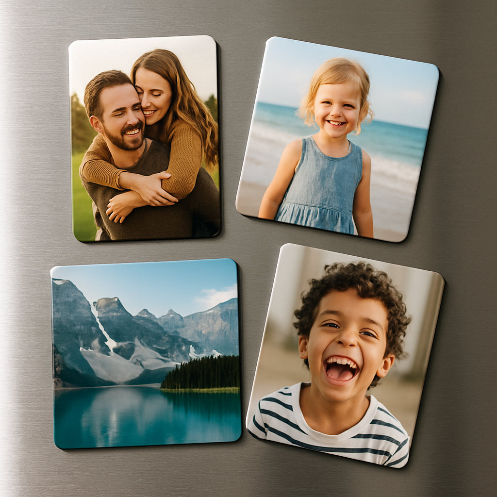 Close-up of high-quality photo fridge magnets with glossy and metallic finishes on a kitchen fridge. Alt: Durable photo fridge magnets made with premium photographic paper and strong magnetic backing.