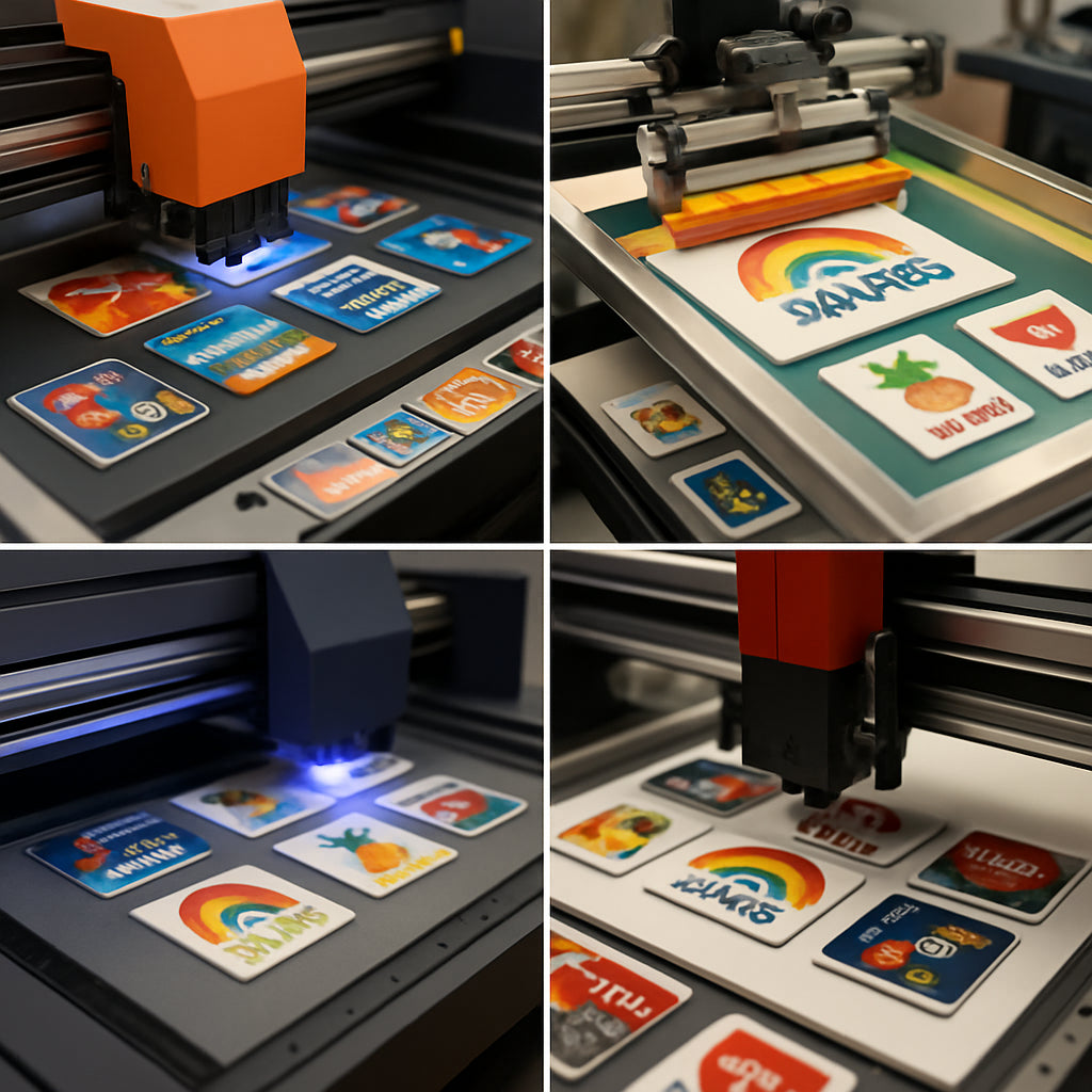 A spread showcasing different printing machines in action creating colorful personalized refrigerator magnets. Alt: Various printing techniques for personalized refrigerator magnets.