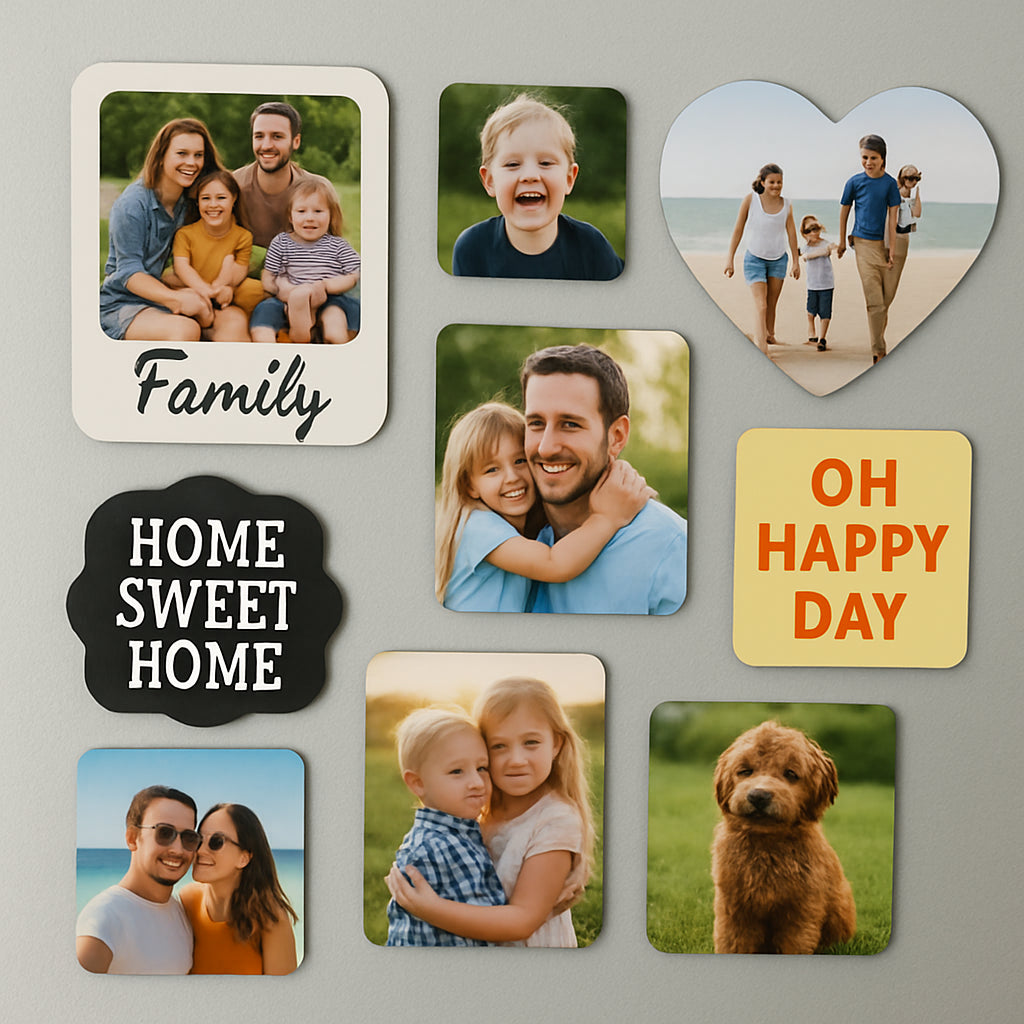 A collection of various shaped and sized picture magnets on a fridge, featuring family photos, travel snaps, and playful captions. Alt: A vibrant display of custom picture magnets for fridge in different shapes and finishes, showcasing personal memories.