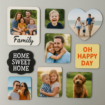 A collection of various shaped and sized picture magnets on a fridge, featuring family photos, travel snaps, and playful captions. Alt: A vibrant display of custom picture magnets for fridge in different shapes and finishes, showcasing personal memories.