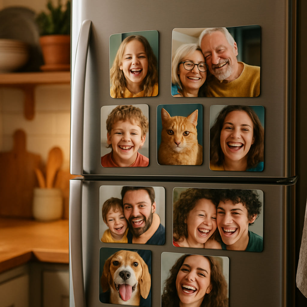 A cozy kitchen fridge covered in colorful photo refrigerator magnets showing vibrant, close-up photos of smiling family members and pets. Alt: Custom photo refrigerator magnets displaying joyful close-up photos brightening up a kitchen space.
