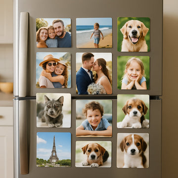 A bright kitchen fridge door covered with a curated collection of custom photo magnets, showing a mix of family photos, travel snapshots, and playful pet images. Alt: Custom photo fridge magnets from photos displayed on kitchen refrigerator