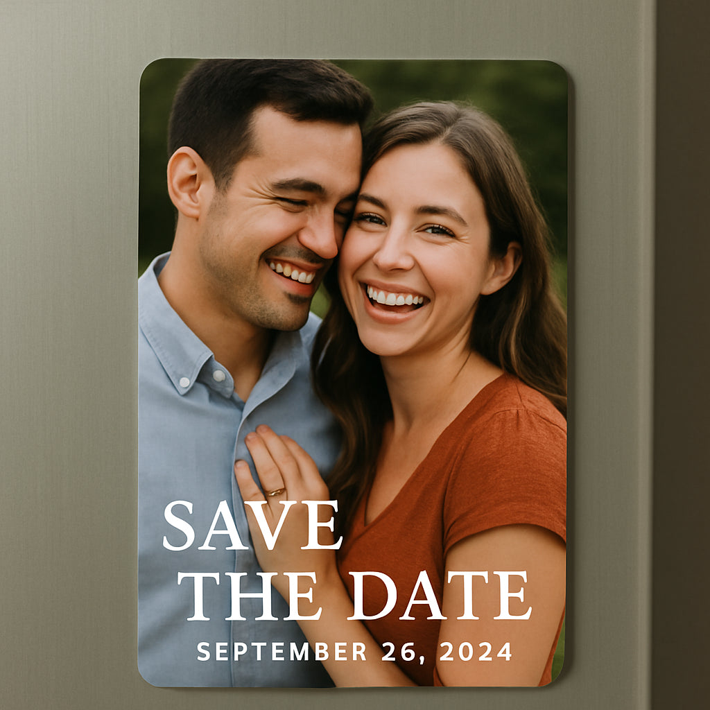A close‑up of a happy couple’s engagement photo displayed on a fridge magnet, showing vivid colors and clear text overlay. Alt: save the date photo magnets showcase