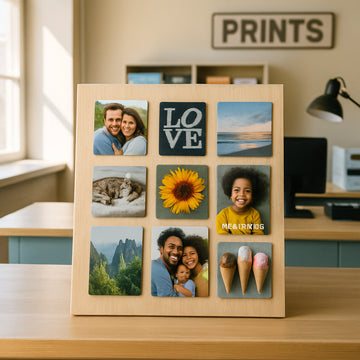 A friendly local print shop counter with sample photo magnets displayed on a wooden board, bright natural light, showing diverse designs and textures. Alt: Local photo magnet provider showcasing custom magnets for fridge decoration.