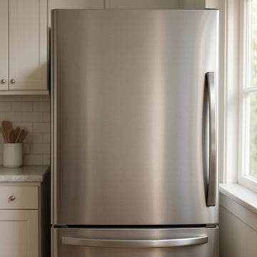 A bright kitchen fridge door cleared of all magnets, a clean stainless‑steel surface gleaming under soft morning light. Alt: Clean fridge surface ready for magnet organization