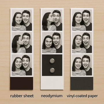 A close‑up of three photo booth magnet strips side‑by‑side, each showing a different magnetic backing—rubber sheet, neodymium, and vinyl‑coated paper. Alt: Different types of photo booth magnet strip backings for easy comparison