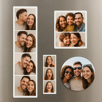 A close‑up of a kitchen fridge with a variety of photo strip magnets in different sizes and shapes, showing a 4x6 rectangular strip, a 3x3 square strip, and a round strip. Alt: Different size and shape photo strip magnets displayed on a fridge.