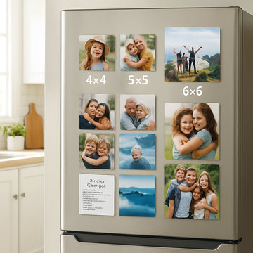 A bright kitchen fridge with a collage of square photo magnets in 4x4, 5x5, and 6x6 sizes showing family photos, travel shots, and a recipe card. Alt: square photo magnets size guide on fridge.