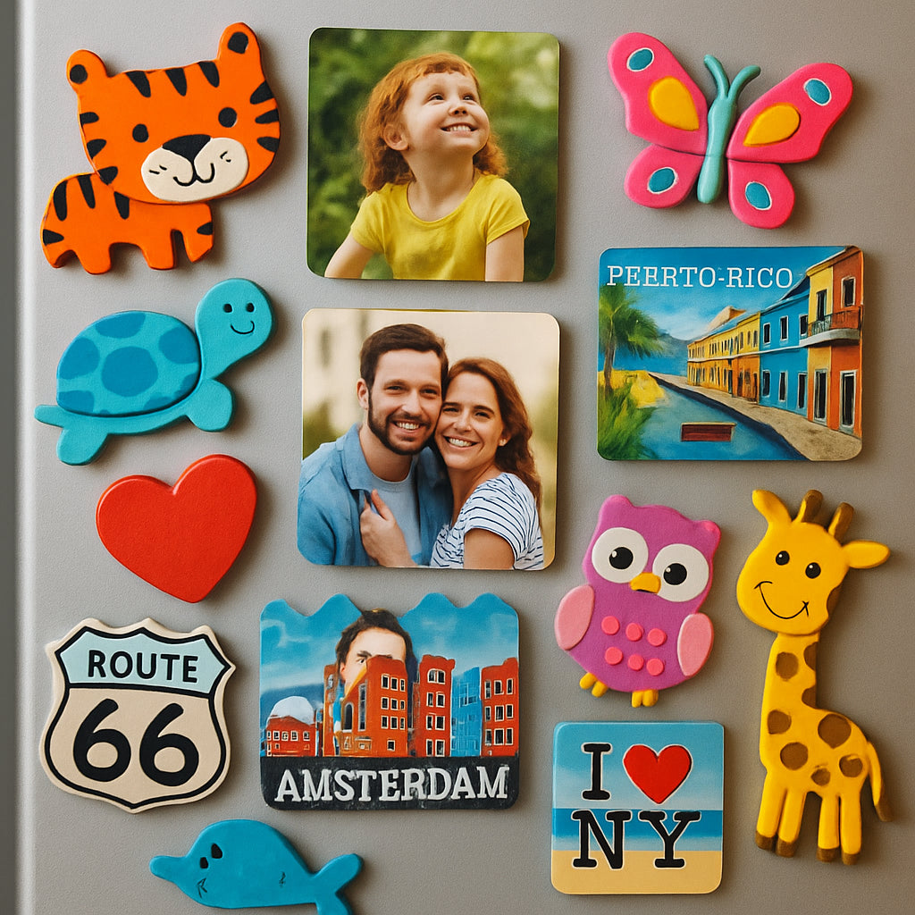 A colorful fridge door adorned with a variety of decorative magnets, including custom photo magnets, travel-themed magnets, and whimsical animal shapes. Alt: Vibrant decorative magnets for refrigerator doors showcasing personal style and strong hold.