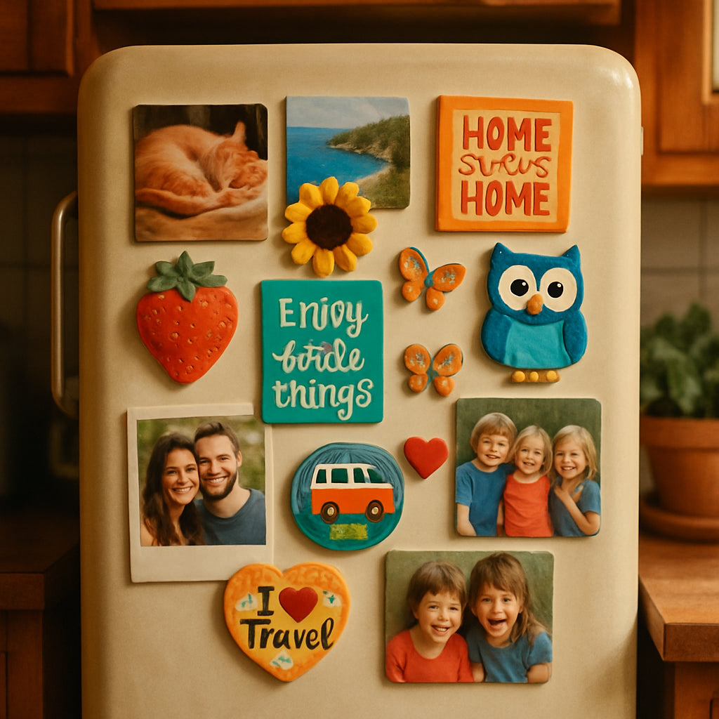 A cozy kitchen refrigerator door covered with colorful and personalized decorative magnets, including photo magnets, shaped magnets, and quote magnets. Alt: Vibrant decorative magnets for refrigerator doors adding personality and color.